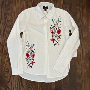NWT Floral Embroidered White Button-Up Shirt